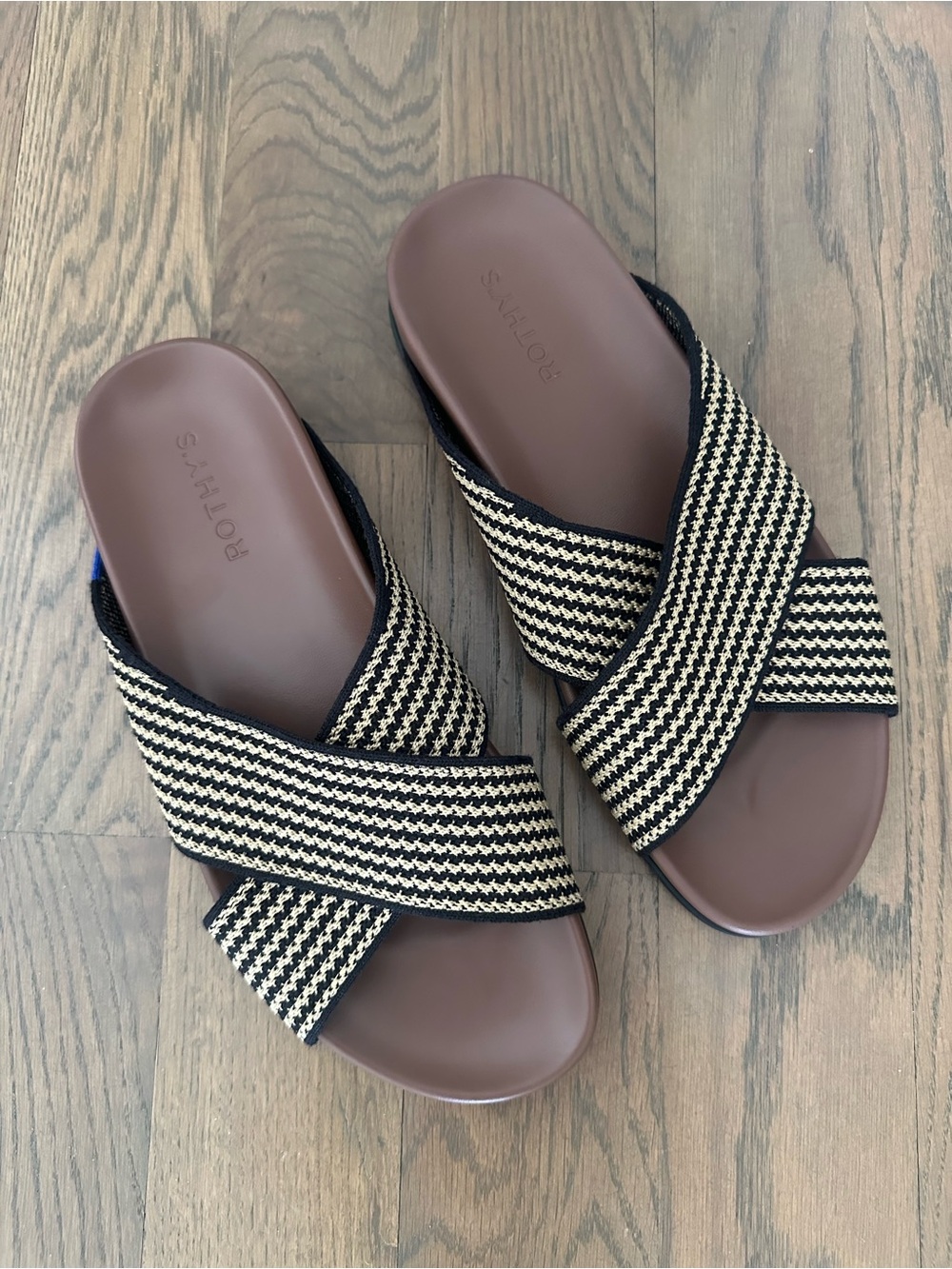 NWT Rothy's The Weekend Slide Crossover Flat Sandal in Toffee Stripe Size US 9